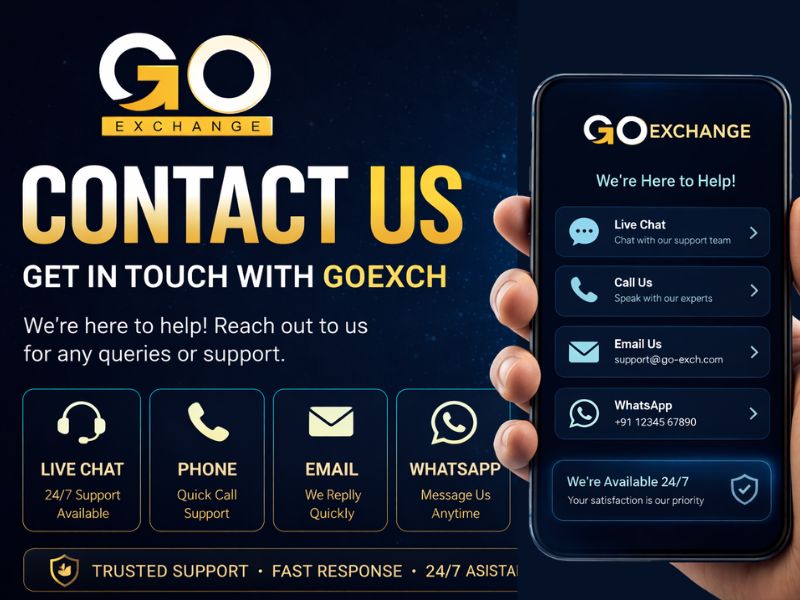 Contact Go Exchange support page showing help options, customer service details, and ways to get in touch with GoExch for assistance and queries