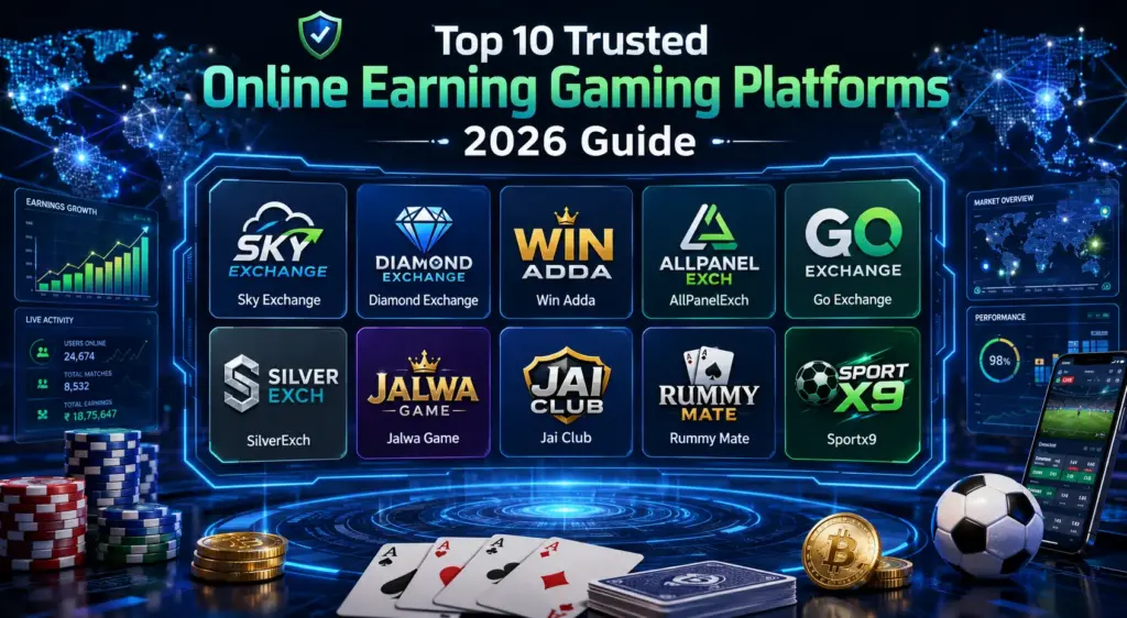 Top 10 online earning gaming platforms 2026 list featuring Go Exchange, Sky Exchange, Diamond Exchange, Win Adda, Rummy Mate, and Sportx9 for mobile gaming and sports prediction platforms.